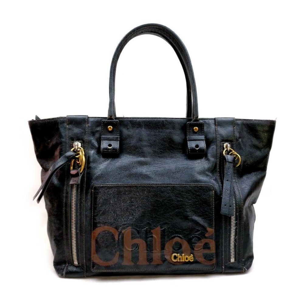 Chloé Eclipse Logo Embellished Tote Black Distressed Leather Shoulder Bag